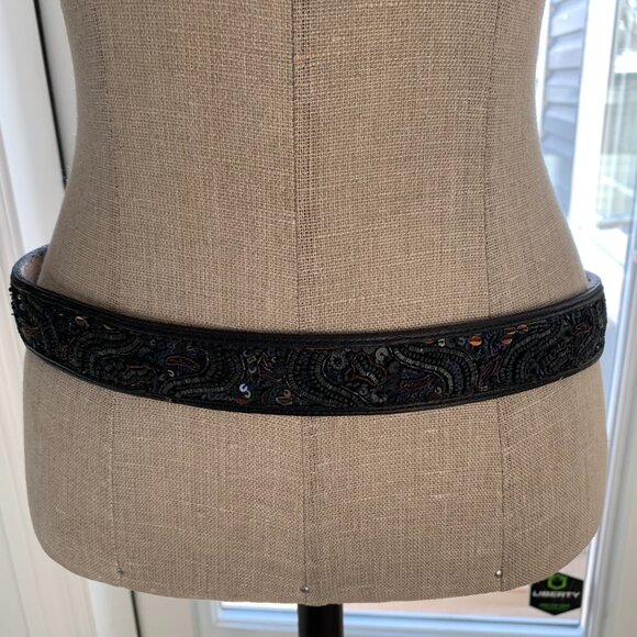 Lucky Brand Leather Beaded Sequin Waist Belt Women's S Black Silver Buckle Y2K - Picture 6 of 12